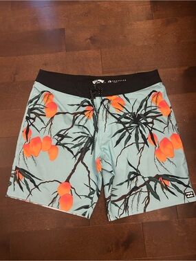 Billabong Men’s Light Blue Boardshorts with Bright Orange Peach Print